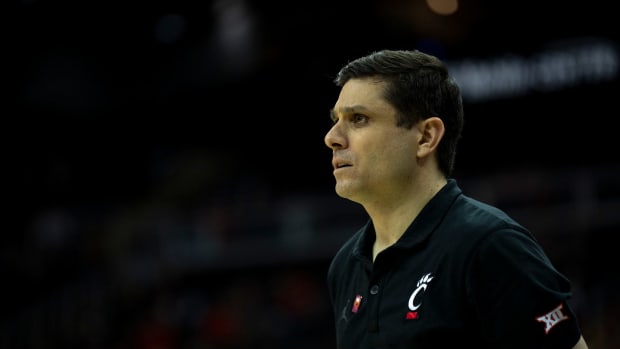 Cincinnati Bearcats head coach Wes Miller looks on in the second half of the Big 12 Conference tournament game between Cincinnati Bearcats and Baylor Bears at T-Mobile Center in Kansas City, Mo., on Thursday, March 14, 2024.